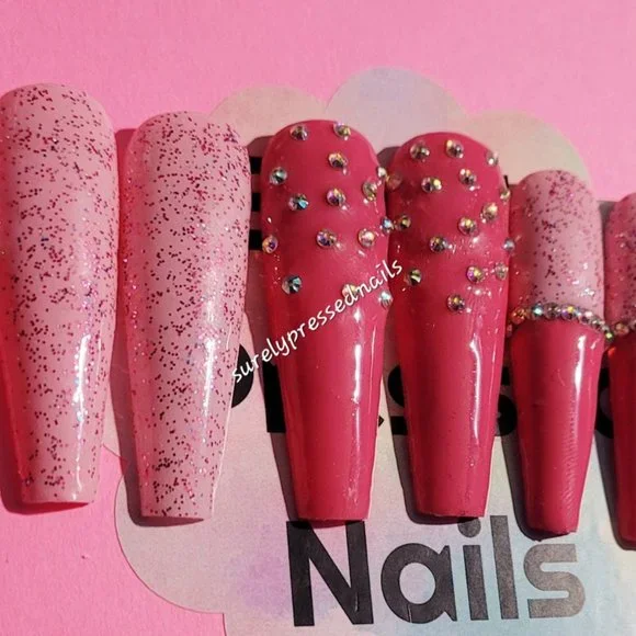 Two-Tone Pinks Shimmer Rhinestone Ballerina Press on Nails - Picture 2 of 4